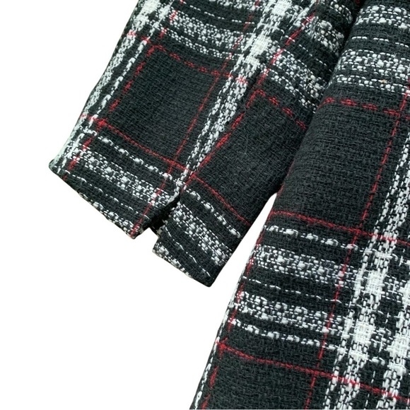Tahari ASL Levine Plaid Check Fringe Velvet Trim Long Jacket Black White Size 10 - Picture 5 of 9